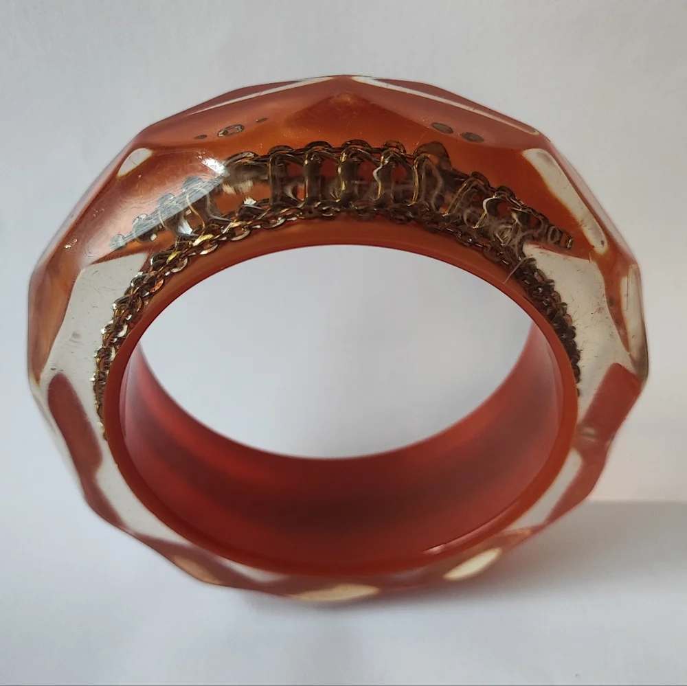 Chunky Lucite Chain Encased Bangle Bracelet Vintage Heavy Weight Layered EUC